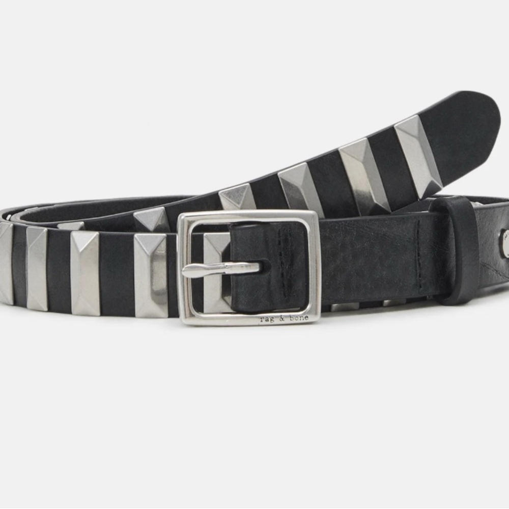 New rag & bone studded boyfriend black leather chrome metal belt XS